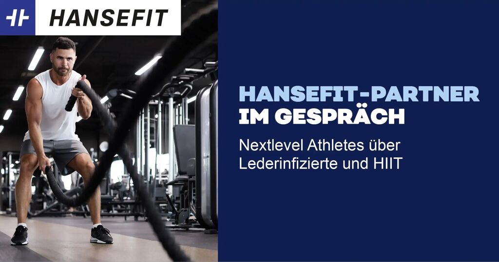 Nextlevel Athletesüber Lederinfizierte und HIIT. Das Banner zeigt einen Mann bei Gewichtsübungen.