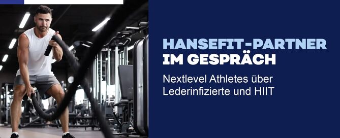 Nextlevel Athletesüber Lederinfizierte und HIIT. Das Banner zeigt einen Mann bei Gewichtsübungen.