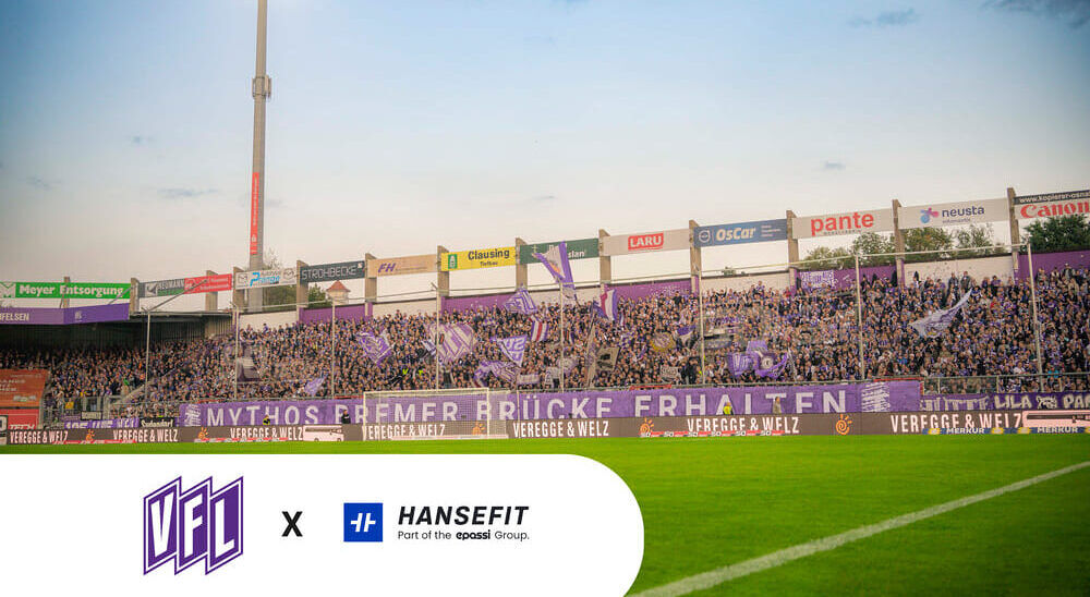 Ein Bild des VfL Stadions mit den Logos vom VfL und von Hansefit.