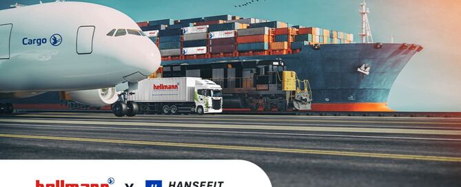 Ein Flugzeug auf einer Landebahn und im Hintergrund ist ein LKW mit einem Hellmann-Logo drauf.