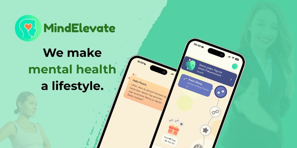 header-mindelevate Header der MindElevate App mit dem Slogan "we make mental health a lifestyle" und Abbildungen der App-Bildschirme