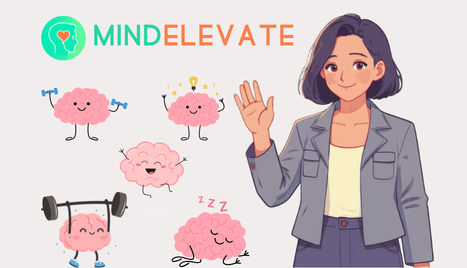 mindelevate-banner Ein Banner der App MindElevate mit dem Logo und einigen Gehirnen im Comicstil die Gewichte stemmen, schlafen oder lachen.