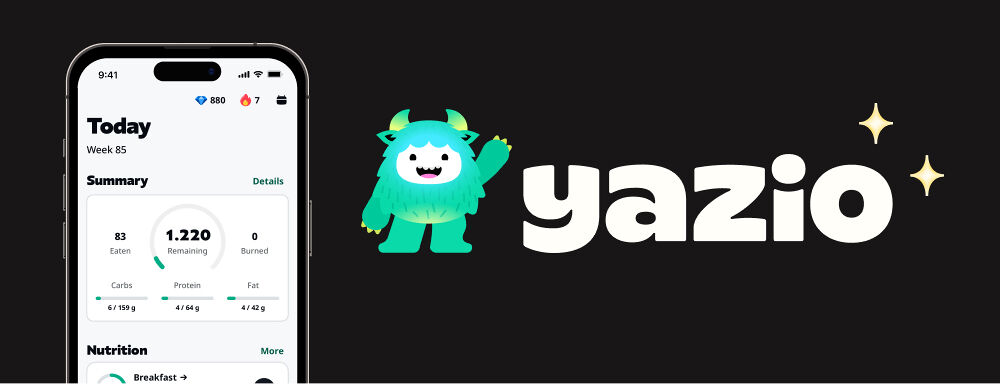yazio-header Headerbild von Yazio in Schwarz mit dem Logo, dem türkisen Monster-Maskottchen und einer Abbildung der App.