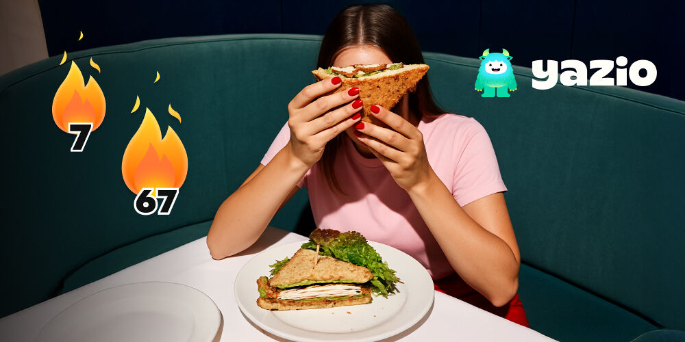 yazio-mood-grafik Bild einer Frau die ein Sandwich hochhält: mit den typischen Flammen der Yazio-App.