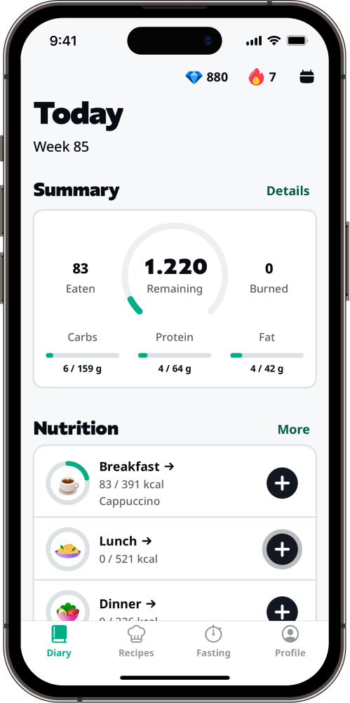 yazio-screen-1 Abbildung des App Screens mit TRacker von Yazio.