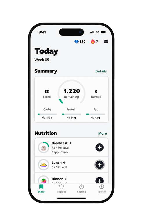 yazio-mockup Abbildung des App Screens mit TRacker von Yazio.